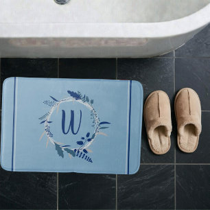 Blauwe bloemenkrans Aangepaste monogram strepen Badmat