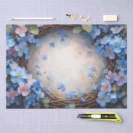 Blauwe bloemenkrans aquarel tissuepapier