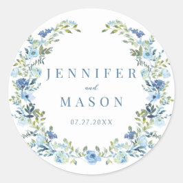 Blauwe bloemenkrans bohemian rustieke bruiloft ronde sticker