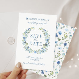 Blauwe bloemenkrans bohemian Save the Date Kaart