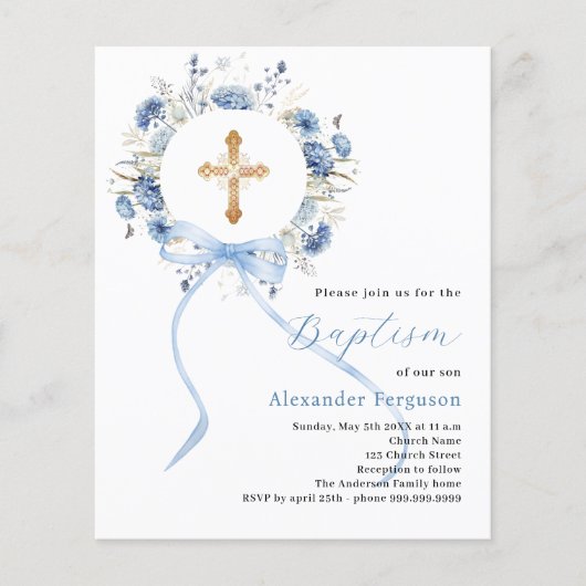 Blauwe bloemenkrans boog jongen doop uitnodiging (Voorkant)