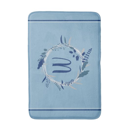 Blauwe Bloemenkrans Custom Monogram Stripes Badmat (Voorkant Verticaal)
