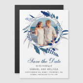 Blauwe Bloemenkrans Foto bruiloft Bewaar de datum Magnetische Uitnodiging (Voorkant / Achterkant)