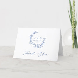  Blauwe Bloemenkrans Gevouwen Monogram Huwelijk Bedankkaart