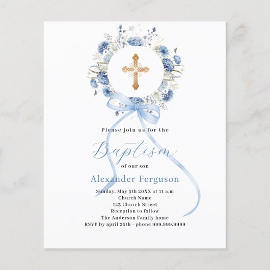 Blauwe bloemenkrans jongen boog doop uitnodiging (Voorkant)