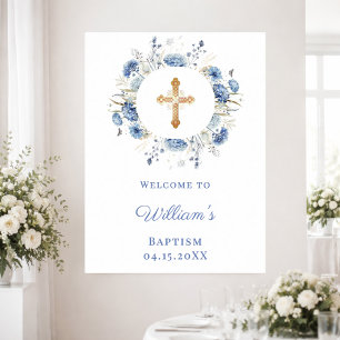 Blauwe bloemenkrans jongen Doop welkom Poster
