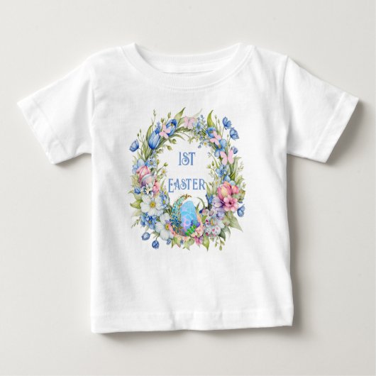 Blauwe bloemenkrans konijn Roze bloemen 1ste Pasen (Voorkant)