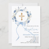 Blauwe bloemenkrans kruis boog jongen doop kaart (Voorkant)