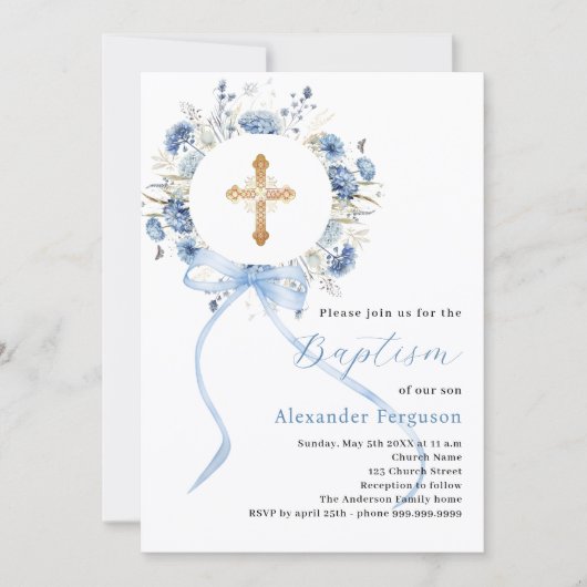 Blauwe bloemenkrans kruis boog jongen doop kaart (Voorkant)