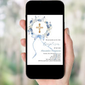 Blauwe bloemenkrans kruis boog jongen doop kaart