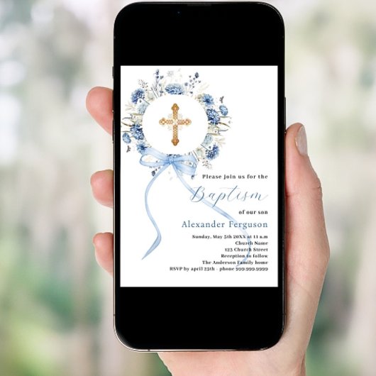 Blauwe bloemenkrans kruis boog jongen doop kaart