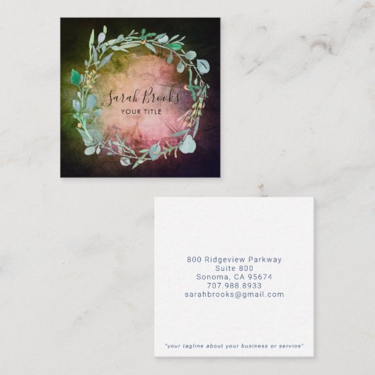 Blauwe Bloemenkrans Monogram op Mossy Dark Greens Vierkante Visitekaartje (Voorkant / Achterkant)