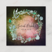 Blauwe Bloemenkrans Monogram op Mossy Dark Greens Vierkante Visitekaartje (Voorkant)