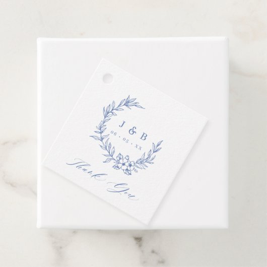  Blauwe Bloemenkrans Monogram Trouwen Bedankjes Labels (In situ)