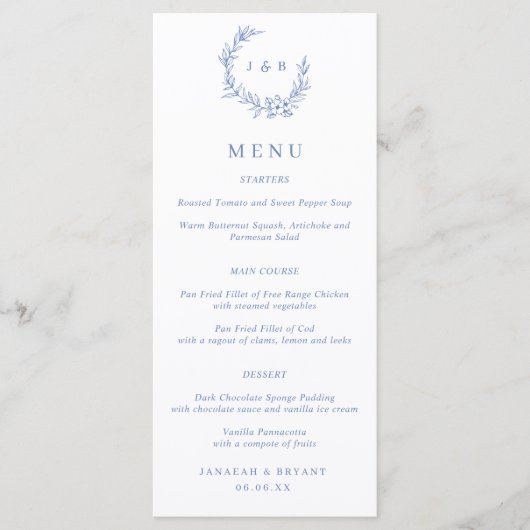 Blauwe Bloemenkrans Monogram Trouwmenu Menu (Voorkant)