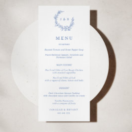 Blauwe Bloemenkrans Monogram Trouwmenu Menu