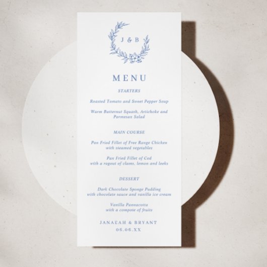 Blauwe Bloemenkrans Monogram Trouwmenu Menu
