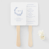 Blauwe Bloemenkrans Monogram Trouwprogramma Handwaaier (Voorkant en achterkant)