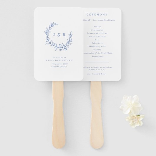 Blauwe Bloemenkrans Monogram Trouwprogramma Handwaaier (Voorkant en achterkant)