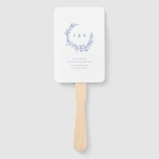 Blauwe Bloemenkrans Monogram Trouwprogramma Handwaaier (Voorkant)