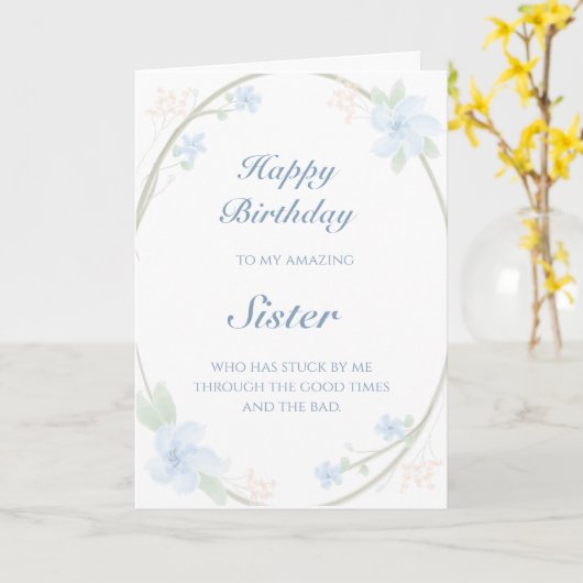 Blauwe Bloemenkrans Zuster Verjaardag Kaart (Gele Bloem)