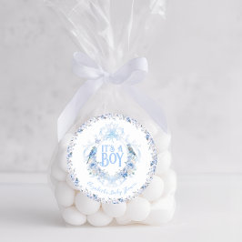 Blauwe bloemenkroon Boog Het is een jongen Baby Sh Ronde Sticker