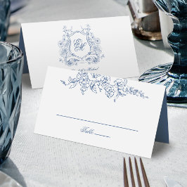 Blauwe Bloemenkroon Monogram Elegante Trouw Plaatskaartje