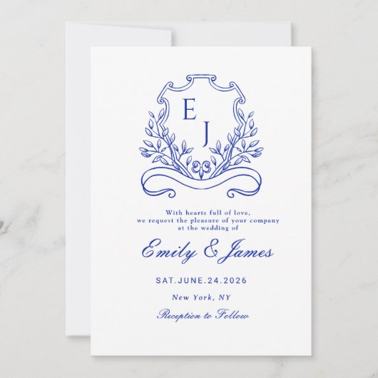 blauwe bloemenkroon Victoriaanse trouwuitnodiging Save The Date (Voorkant)