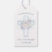 Blauwe Bloemenkruis doop Cadeaulabel (Voorkant)