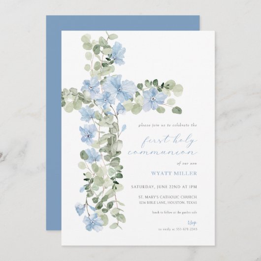 Blauwe Bloemenkruis Jongen Eerste Heilige Communie Kaart (Voorkant / Achterkant)