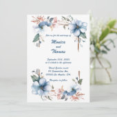 Blauwe Bloemenlijnen: Gepersonaliseerde Huwelijksu Kaart (Staand voorkant)