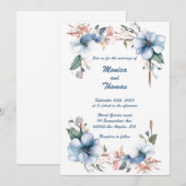 Blauwe Bloemenlijnen: Gepersonaliseerde Huwelijksu Kaart (Voorkant / Achterkant)