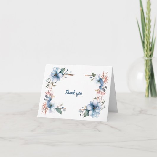 Blauwe Bloemenlijnen: Huwelijk Dank u kaart (Voorkant)
