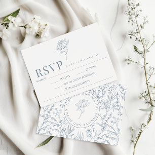 Blauwe bloemenmonogram huwelijksreactie RSVP-kaart RSVP Kaartje