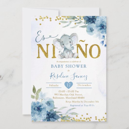 Blauwe Bloemenolifant Es niño Jongen Baby shower Kaart (Voorkant)