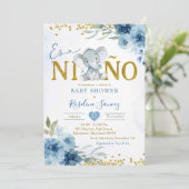 Blauwe Bloemenolifant Es niño Jongen Baby shower Kaart (Staand voorkant)