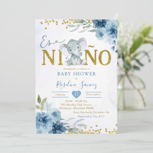 Blauwe Bloemenolifant Es niño Jongen Baby shower Kaart (Staand voorkant)