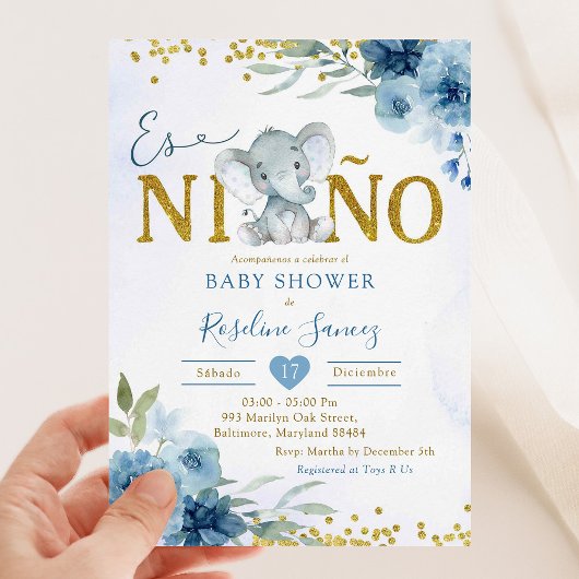 Blauwe Bloemenolifant Es niño Jongen Baby shower Kaart