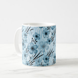 Blauwe bloemenpatroon op tijgerachtergrond koffiemok