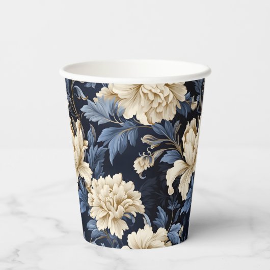 Blauwe Bloemenpioen Modern Elegant Papieren Bekers (Achterkant)