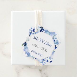 Blauwe bloemenquinceañera bedankjes labels