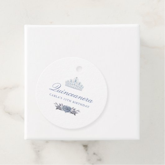 Blauwe bloemenquinceanera bedankjes labels (In situ)