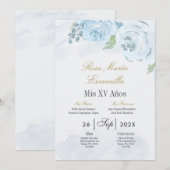 Blauwe bloemenquinceanera uitnodiging (Voorkant / Achterkant)