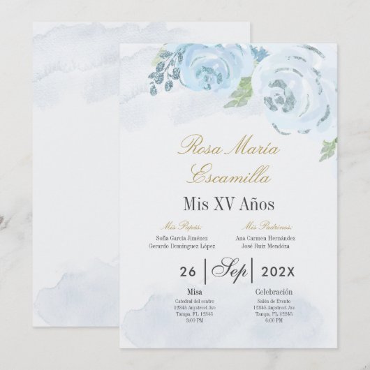 Blauwe bloemenquinceanera uitnodiging (Voorkant / Achterkant)