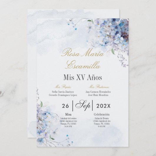Blauwe bloemenquinceanera uitnodiging (Voorkant / Achterkant)