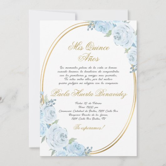 Blauwe bloemenquinceanera uitnodiging in het Spaan (Voorkant)