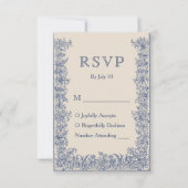 Blauwe bloemenrand vintage bruiloft RSVP kaartje (Voorkant)