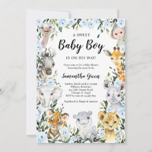 Blauwe Bloemensafari Jungle Baby Shower Kaart