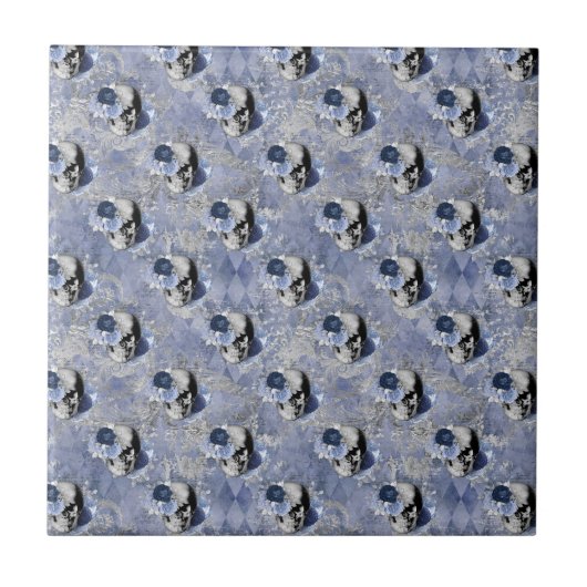 Blauwe Bloemenschedel Serie Design 2 Tegeltje (Voorkant)