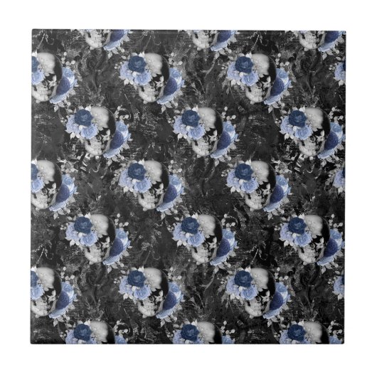 Blauwe Bloemenschedel Serie Ontwerp 1 Tegeltje (Voorkant)